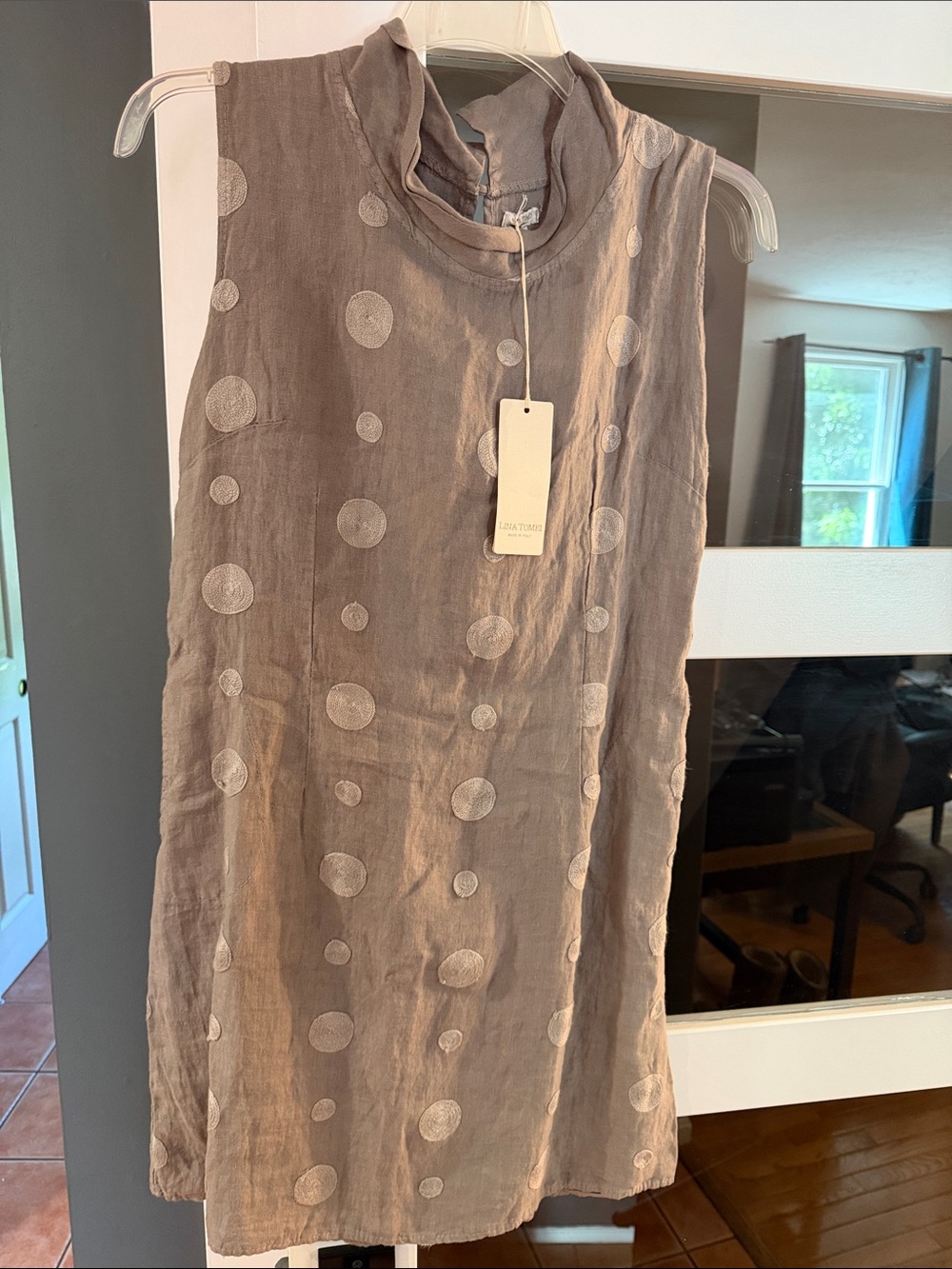 Lina Tomei Sleeveless Taupe Linen Shift Dress